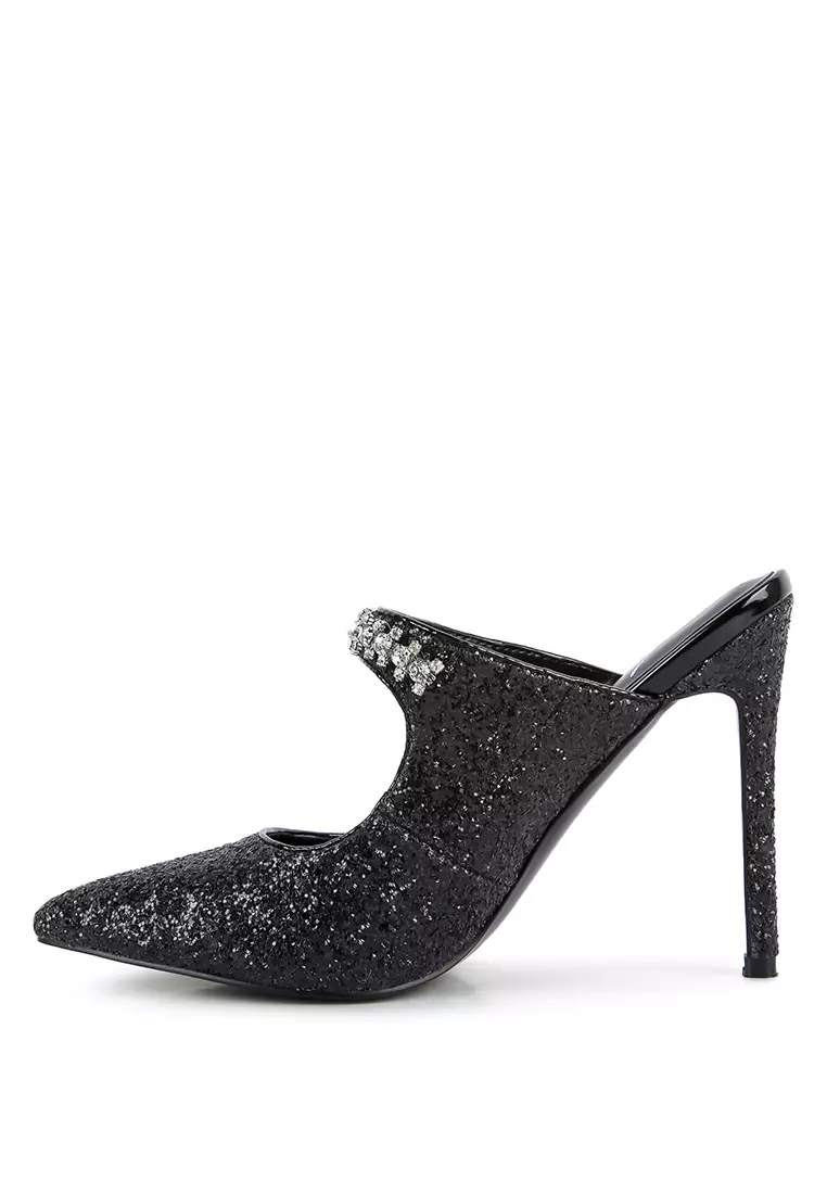 London Rag Black Glitter Diamante High Heeled Sandals