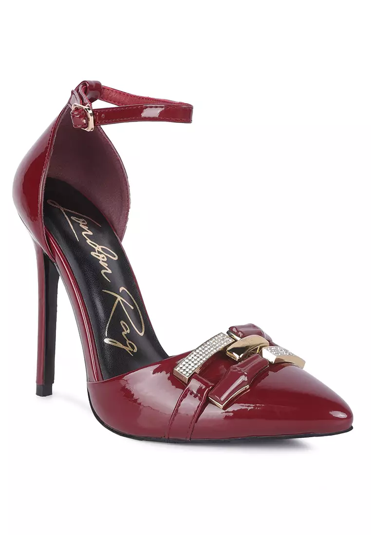 London Rag Burgundy Diamante Buckle Patent Stiletto Sandals