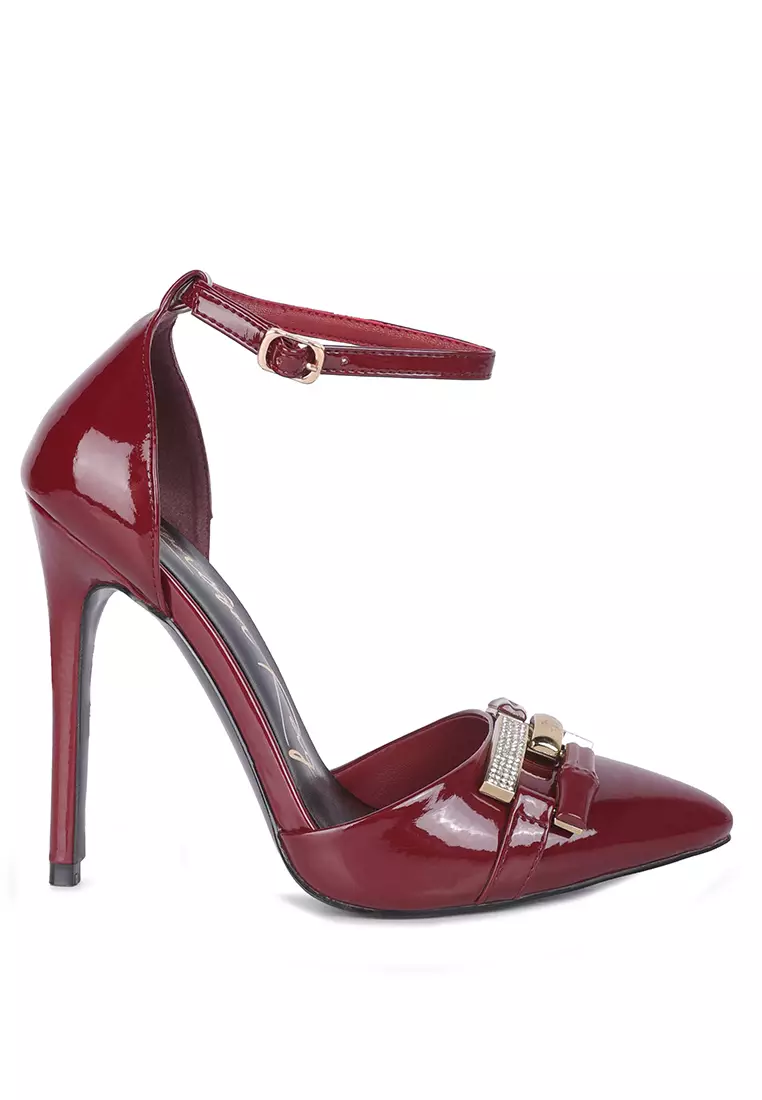 London Rag Burgundy Diamante Buckle Patent Stiletto Sandals