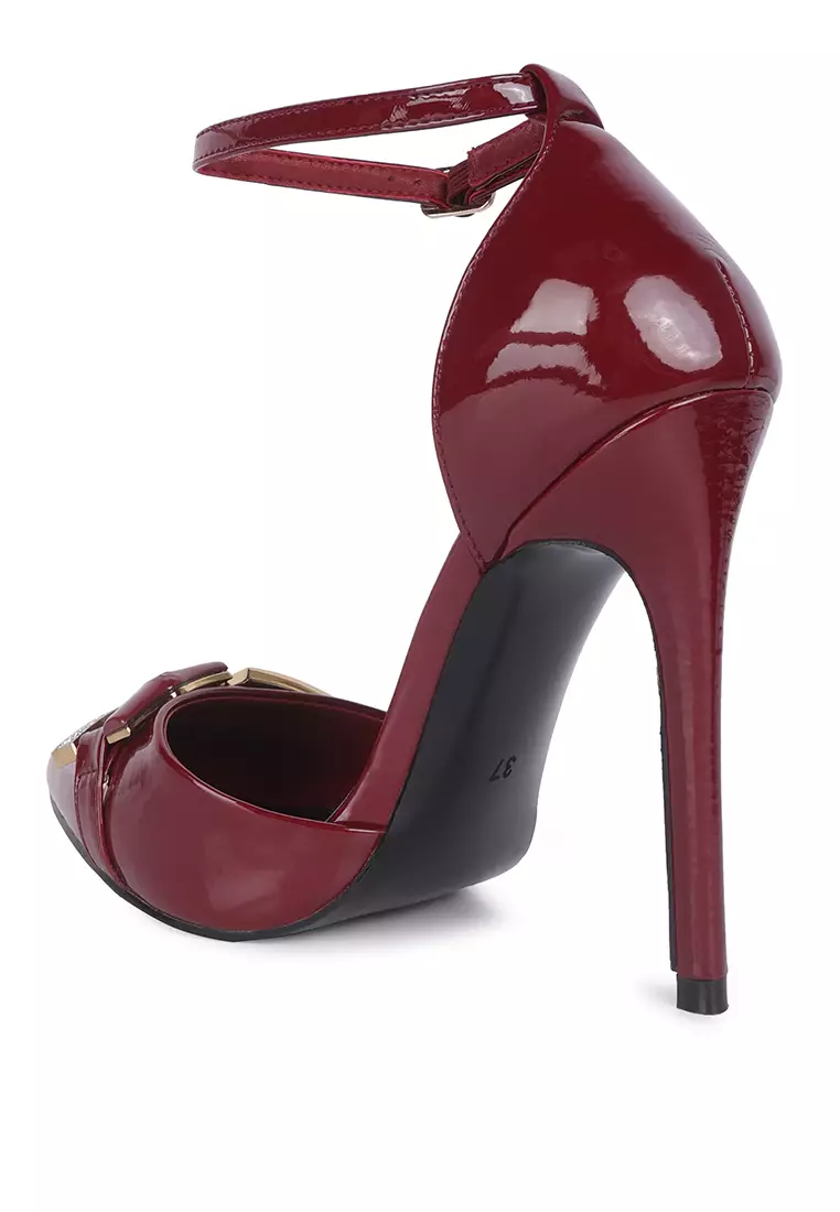 London Rag Burgundy Diamante Buckle Patent Stiletto Sandals