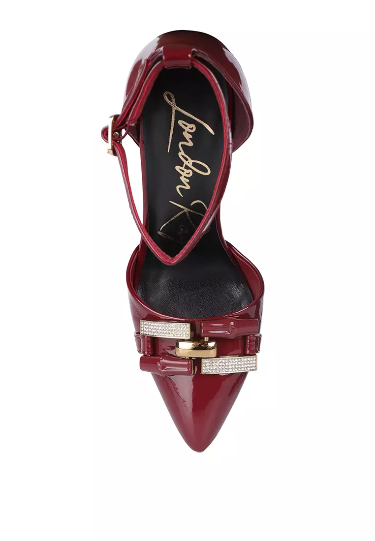 London Rag Burgundy Diamante Buckle Patent Stiletto Sandals