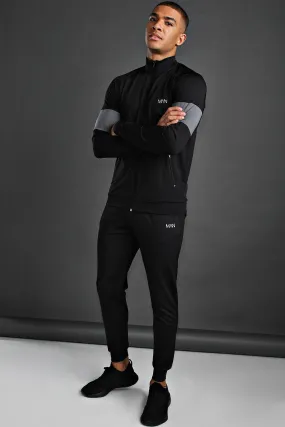 MAN Poly Skinny Tracksuit With Panel Detail | boohooMAN UK