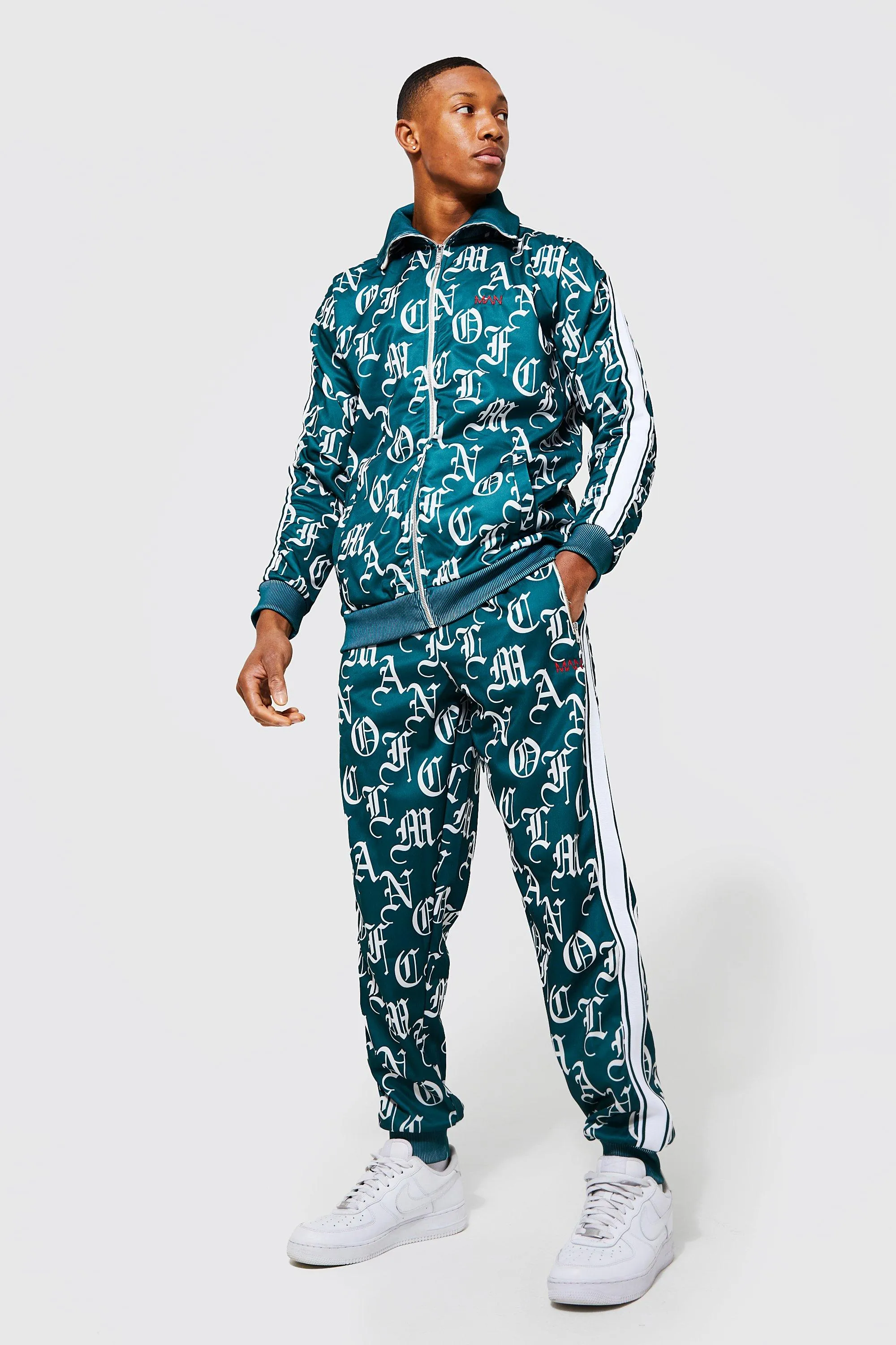 Man Printed Tricot Zip Funnel Neck Tracksuit | boohooMAN UK