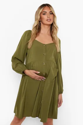 Maternity Button Long Sleeve Smock Dress