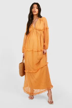 Maternity Dobby Mesh Ruffle Maxi Dress