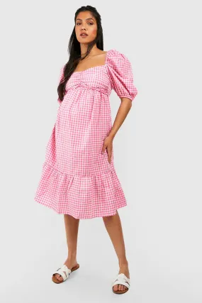 Maternity Embroidered Flower Gingham Midi Dress