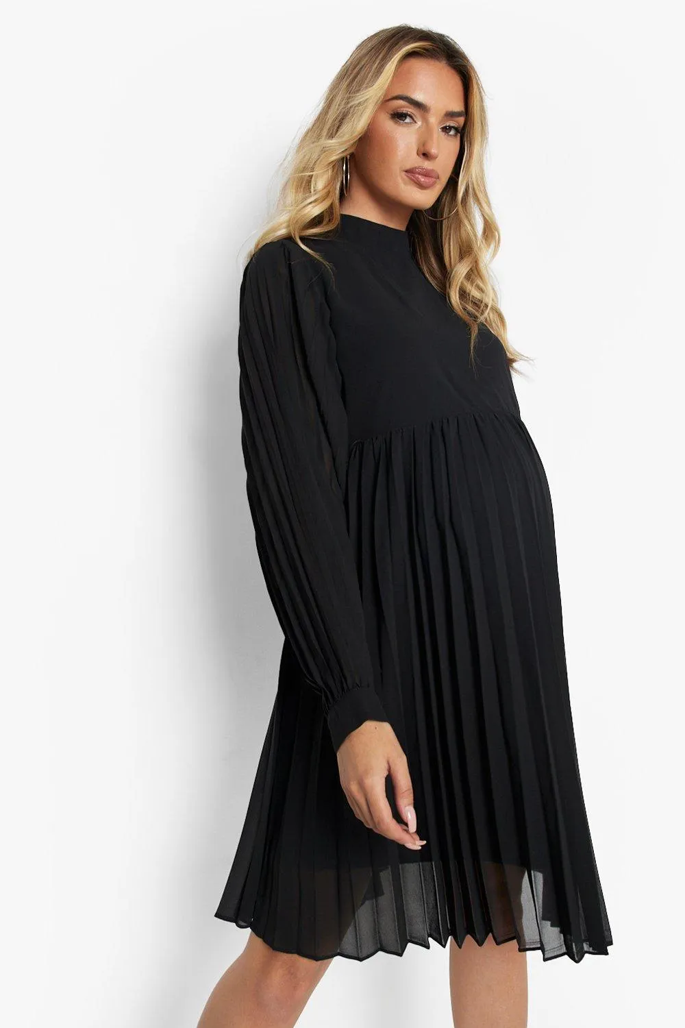 Maternity High Neck Balloon Sleeve Skater Dress