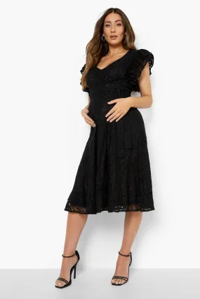 Maternity Lace Ruffle Skater  Midi Dress