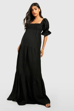 Maternity Linen Shirred Tiered Midi Dress