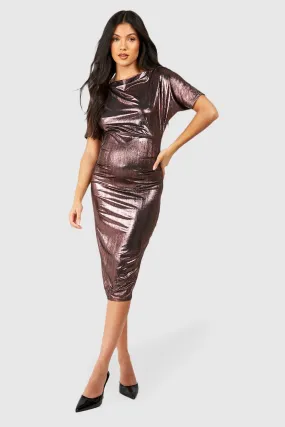 Maternity Pleated Metallic Boat Neck Midi Dress