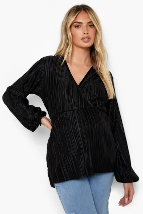 Maternity Plisse Puff Sleeve Wrap Top