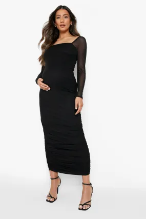 Maternity Square Neck Ruched Mesh Midi Dress