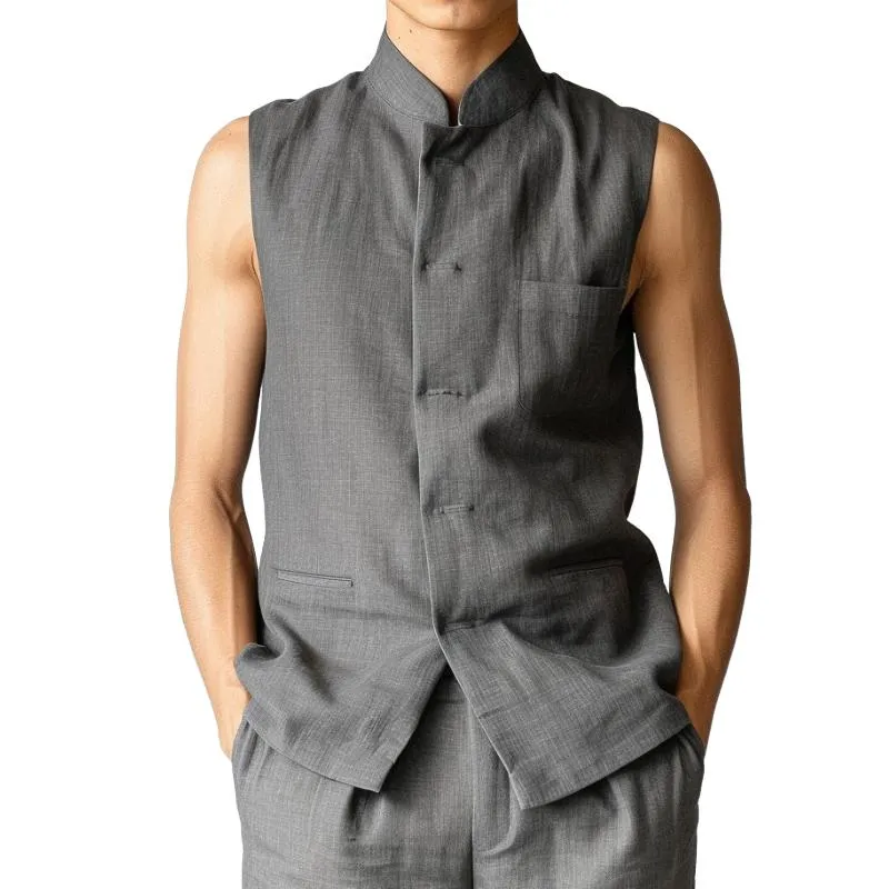 Men's Vintage Linen Stand Collar Pocket Vest 85429310TO