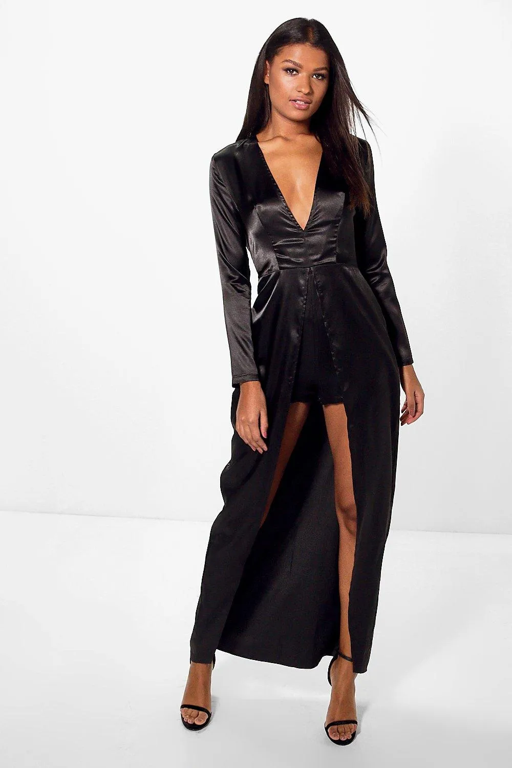 Mia Satin Plunge Maxi Overlay Romper