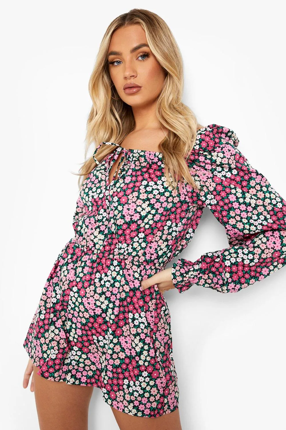 Mixed Floral Tie Bust Romper