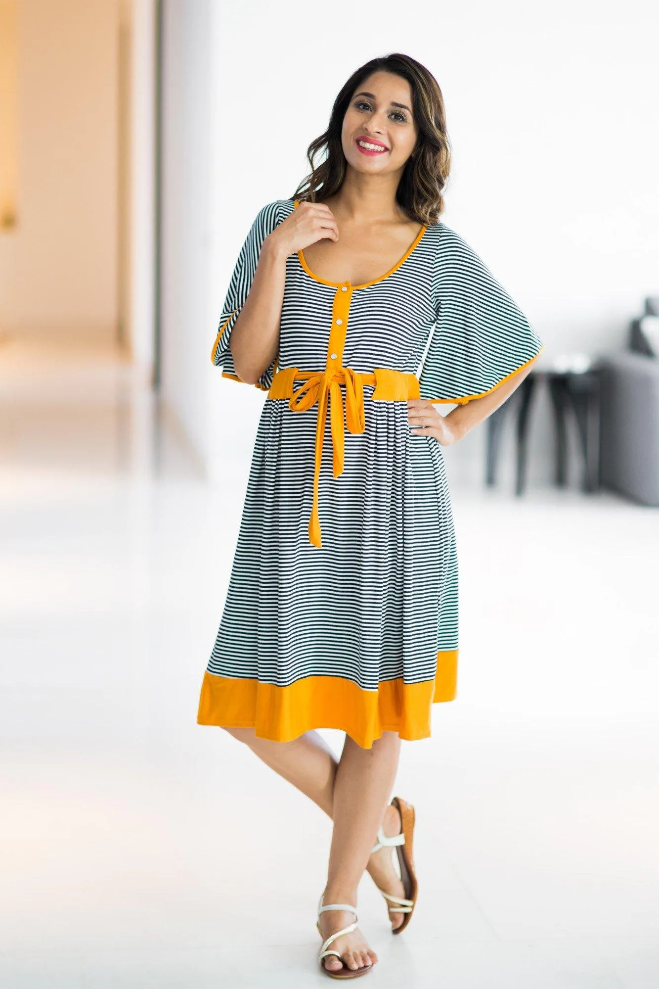 Mustard Striped Swing Maternity & Nursing Dress