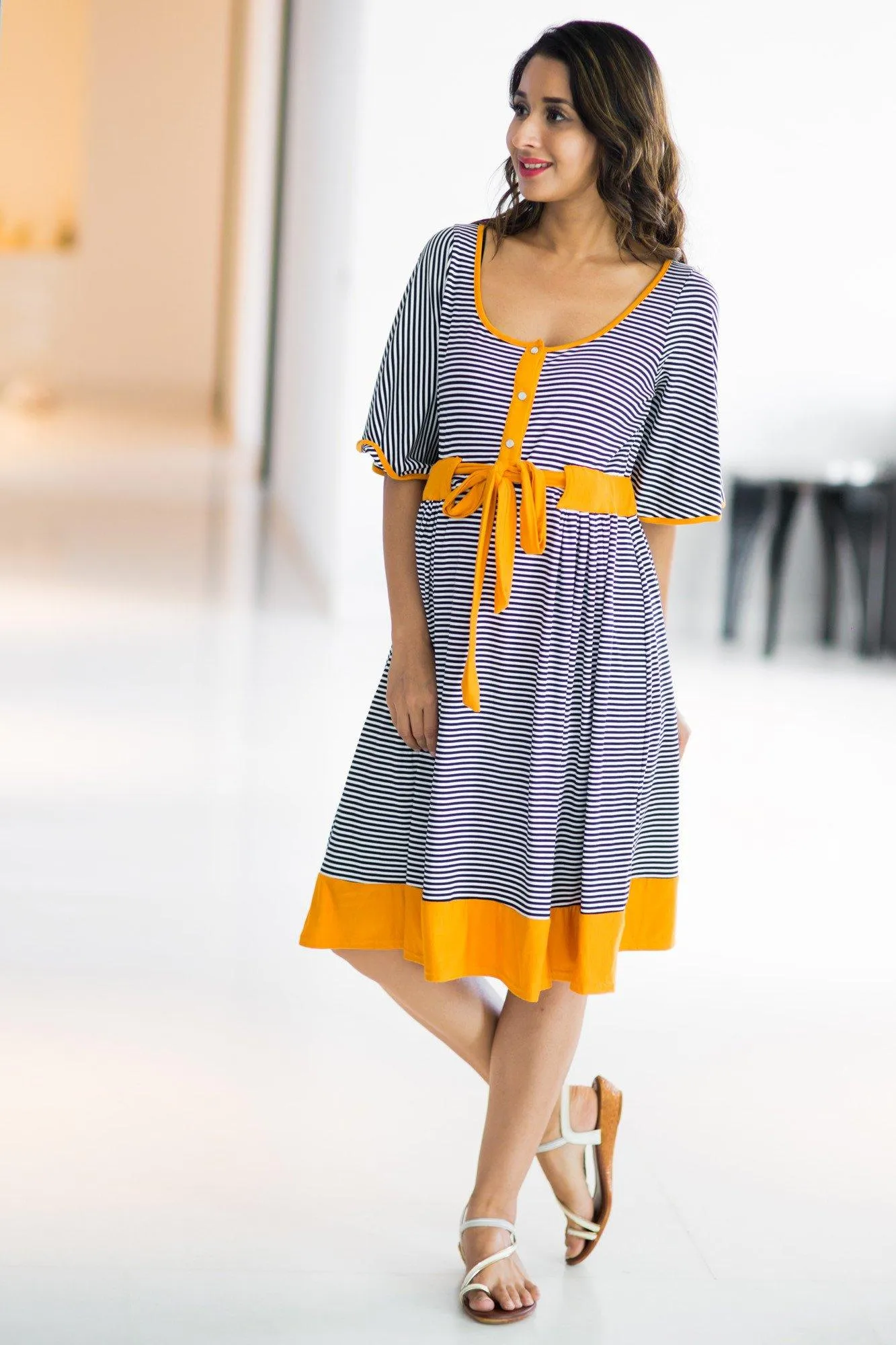 Mustard Striped Swing Maternity & Nursing Dress