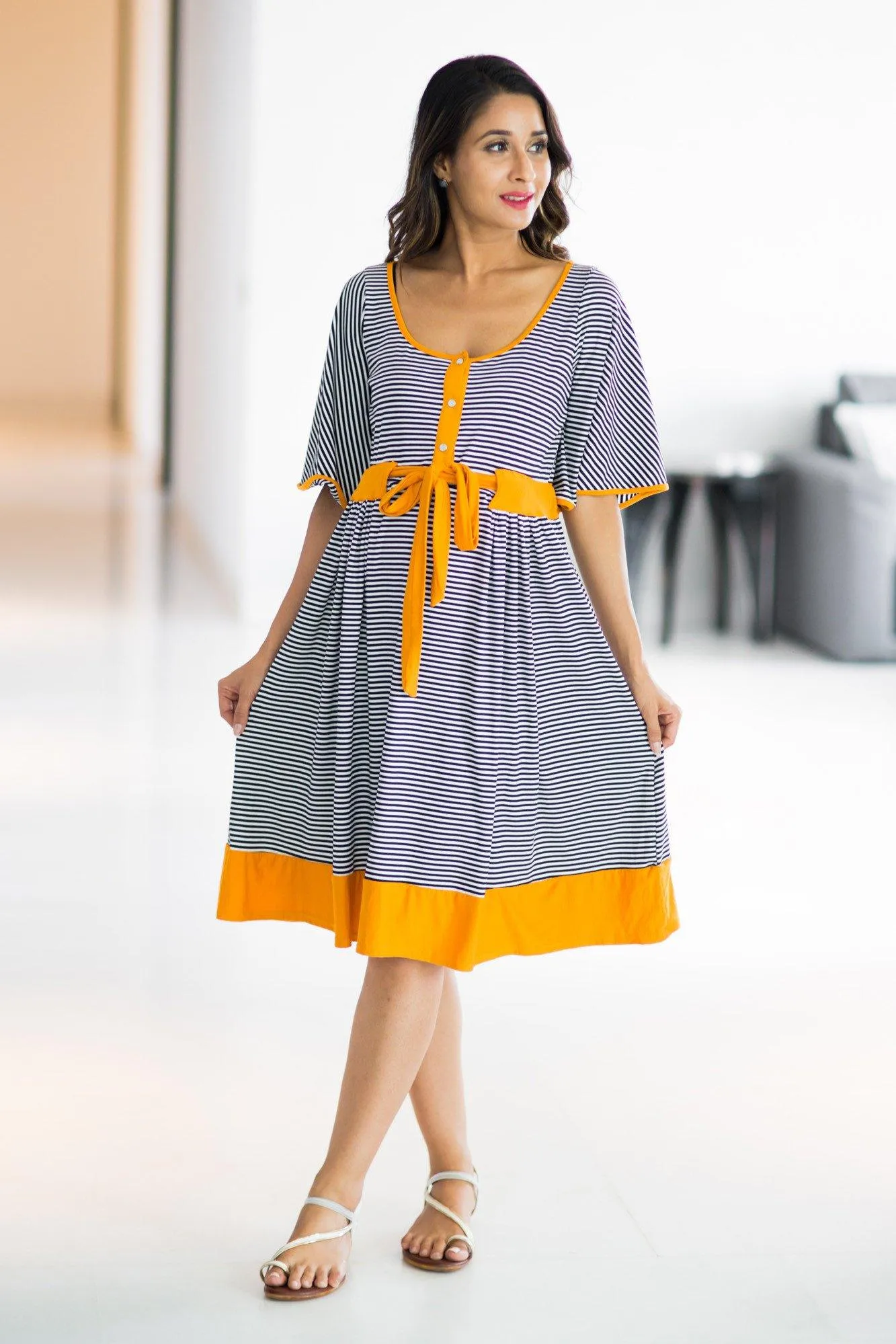 Mustard Striped Swing Maternity & Nursing Dress