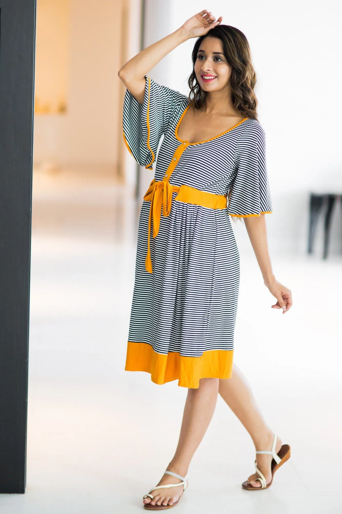 Mustard Striped Swing Maternity & Nursing Dress