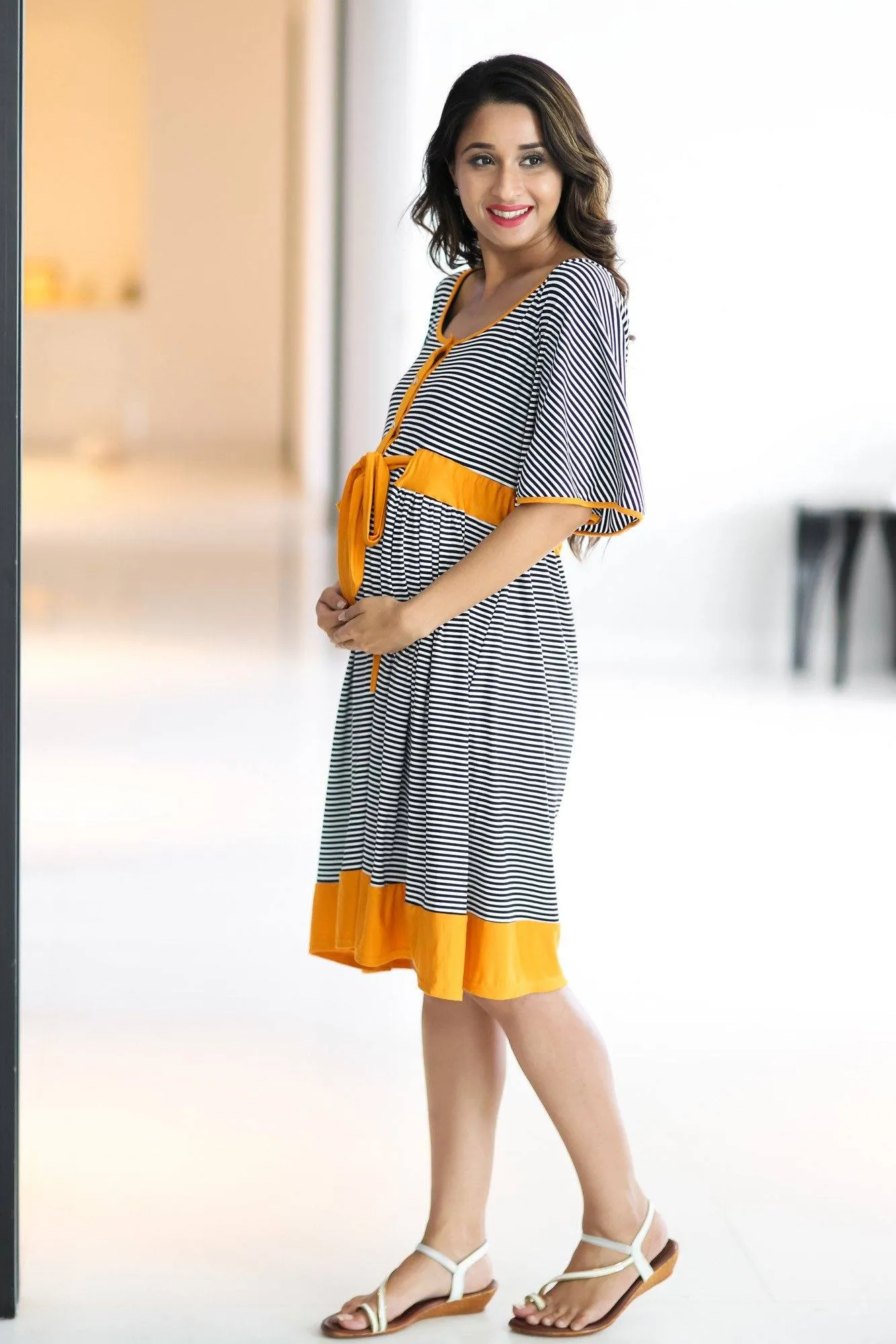 Mustard Striped Swing Maternity & Nursing Dress