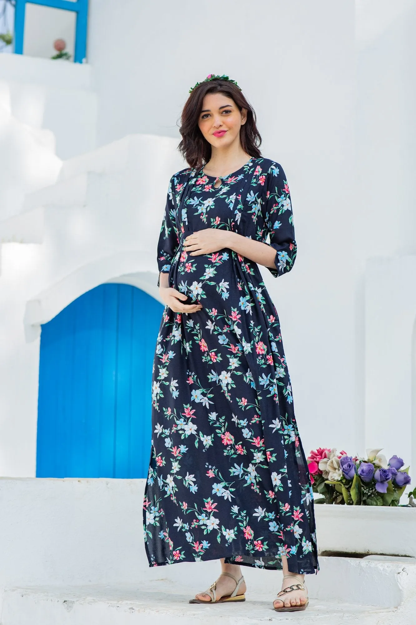 Navy Garden Side Slits Maternity & Nursing Dress