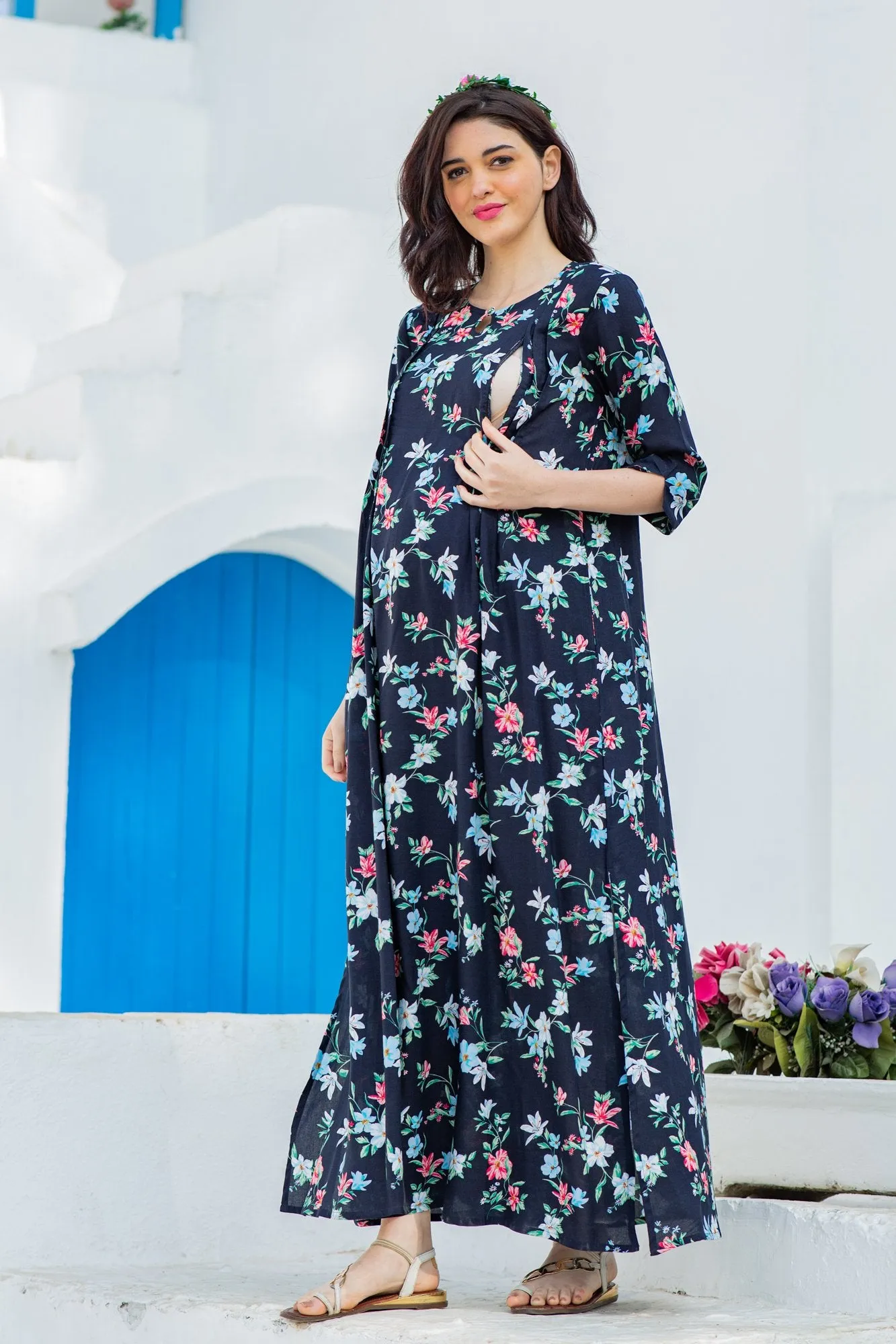 Navy Garden Side Slits Maternity & Nursing Dress