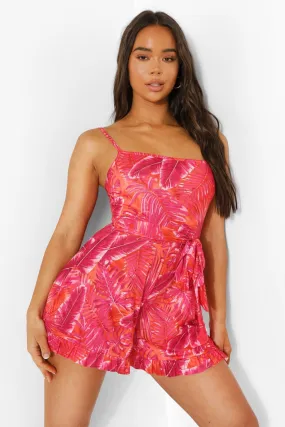 Neon Palm Print Strappy Belted Romper