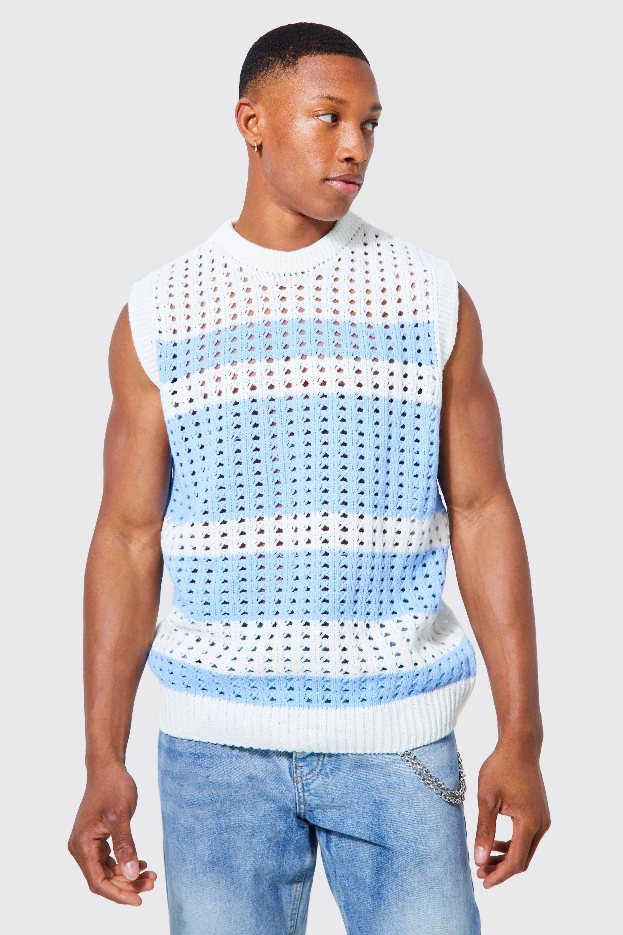 Open Stitch Stripe Crew Neck Vest | boohooMAN UK