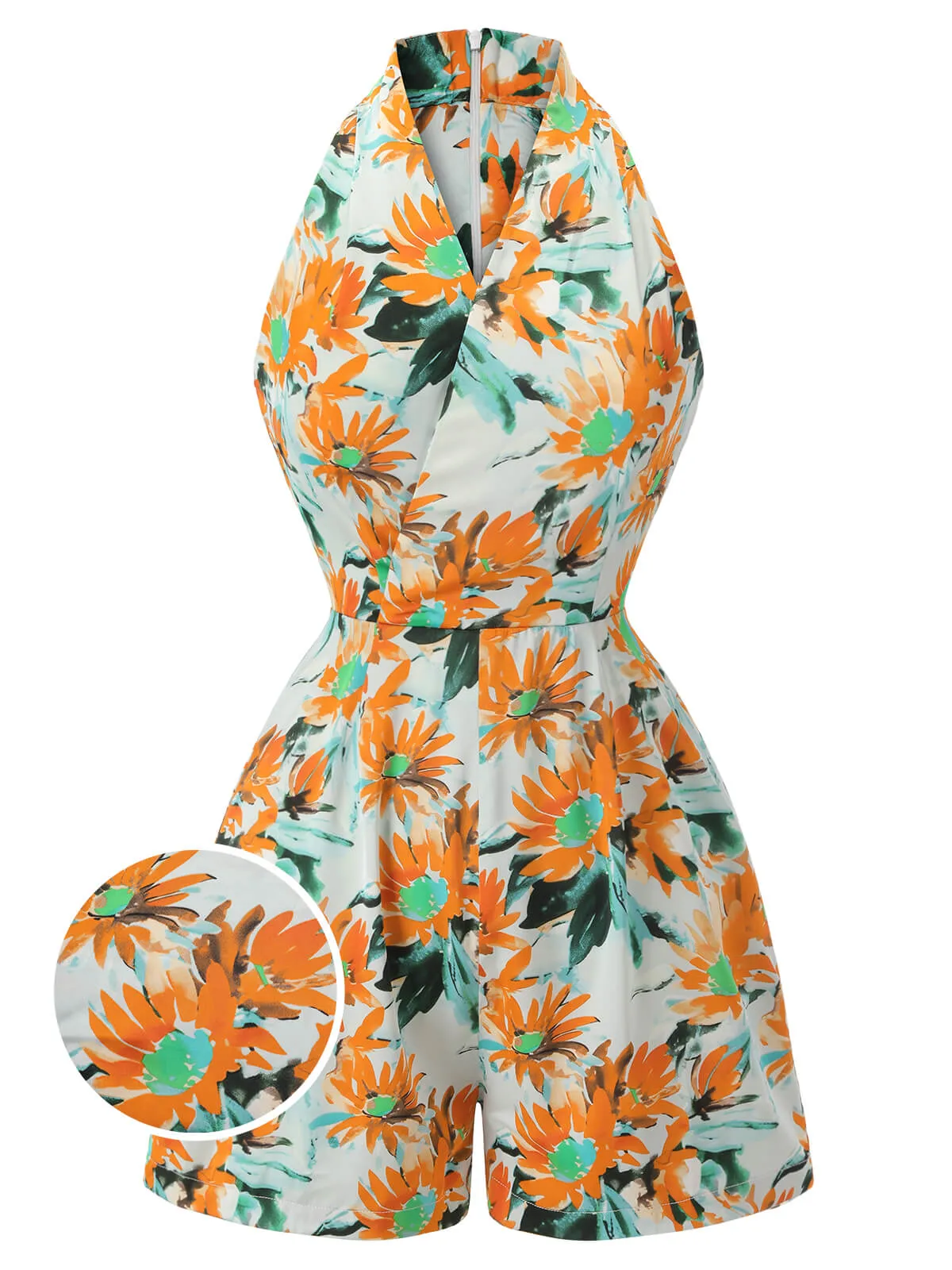 Orange 1950s Painted Sunflower V-Neck Romper