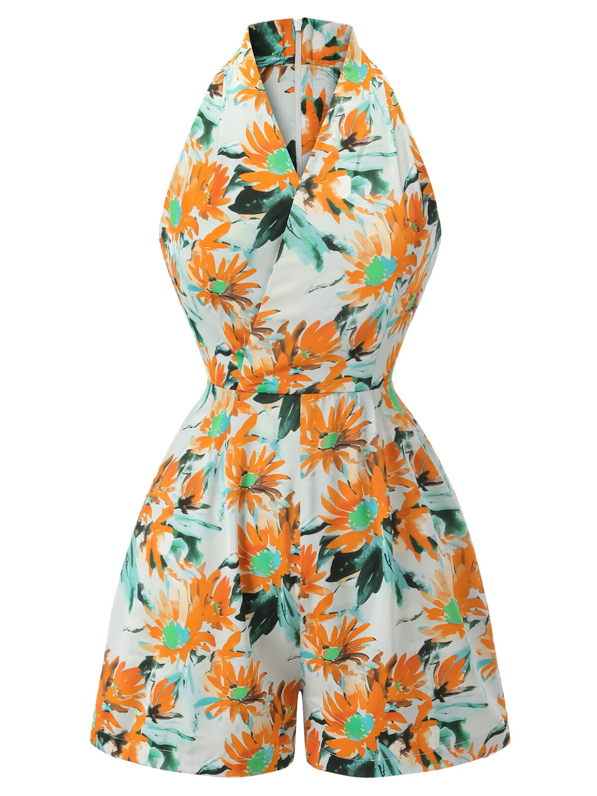 Orange 1950s Painted Sunflower V-Neck Romper