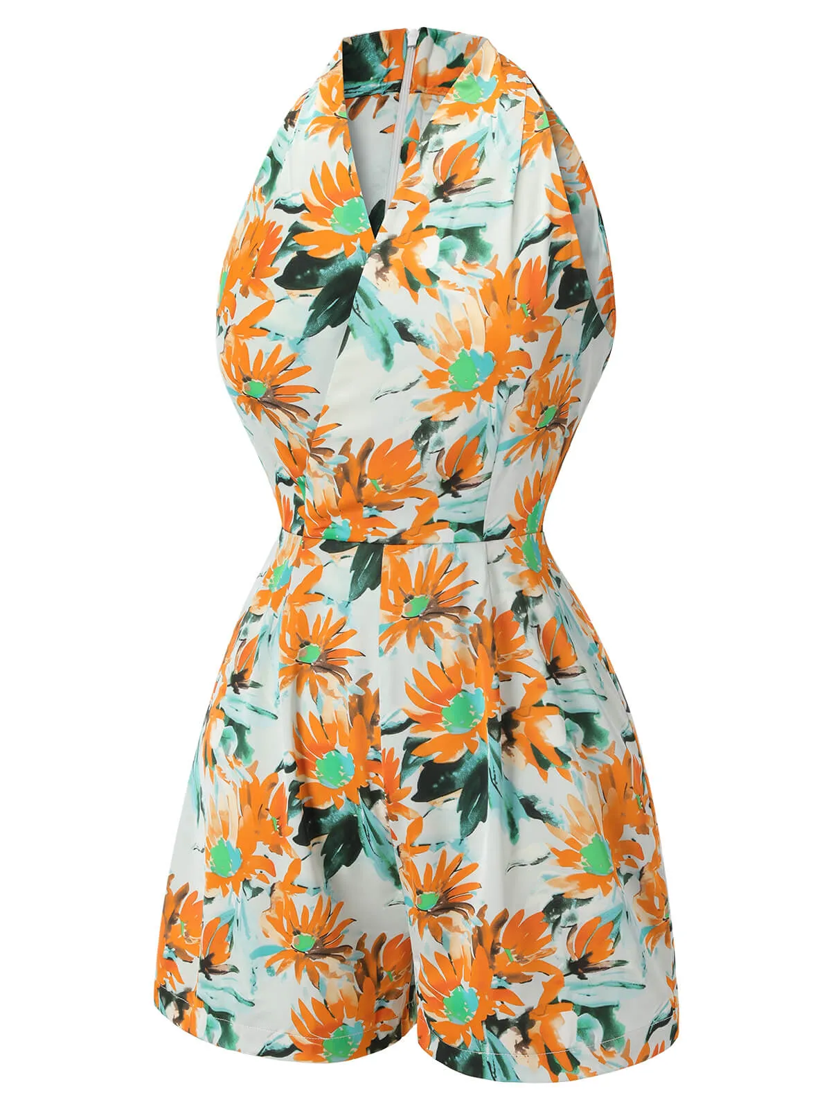 Orange 1950s Painted Sunflower V-Neck Romper