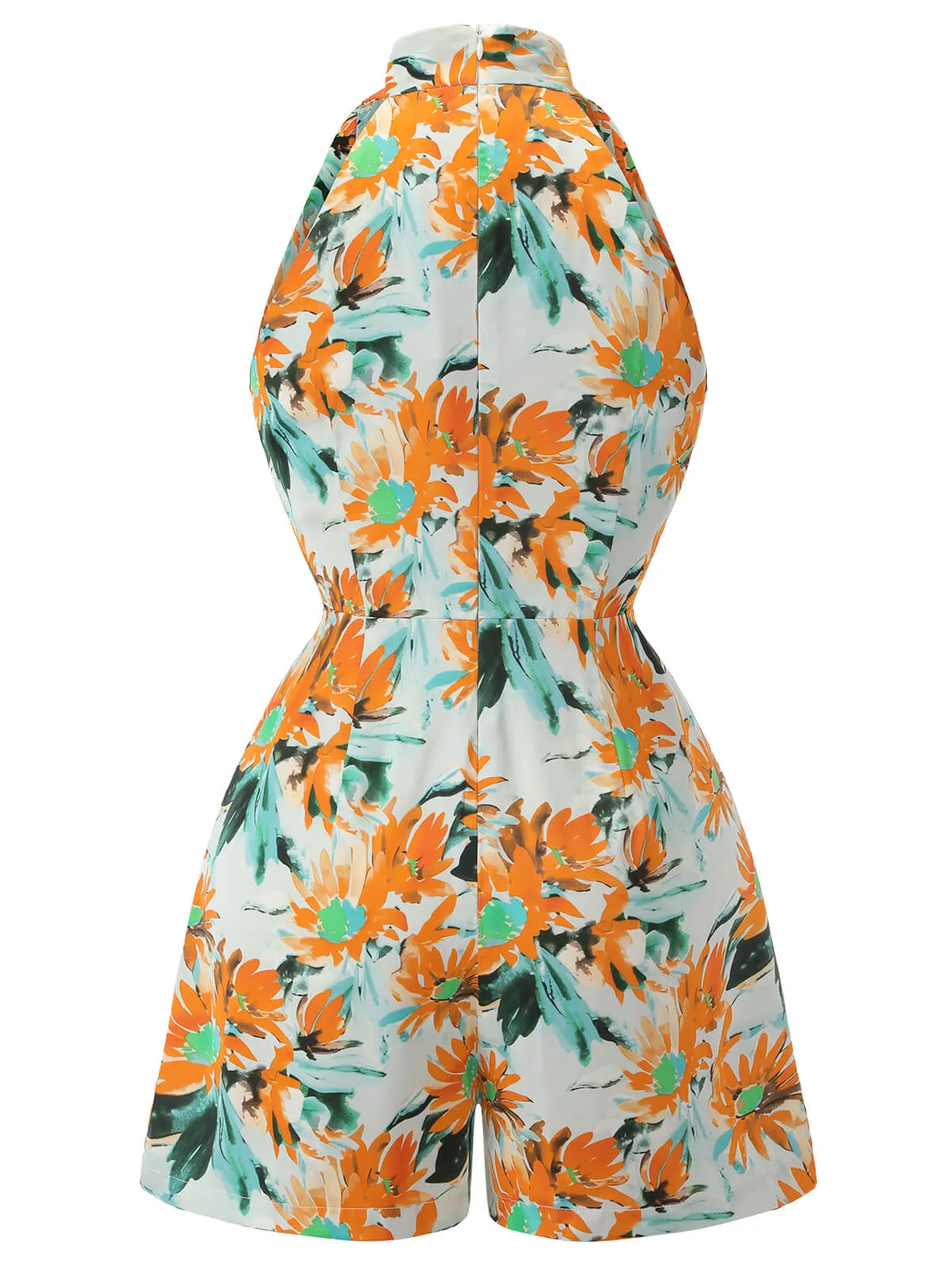 Orange 1950s Painted Sunflower V-Neck Romper