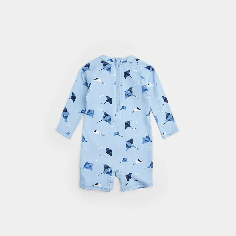 Petit Lem Stingray Print On Sky Blue Long-sleeve Swim Romper