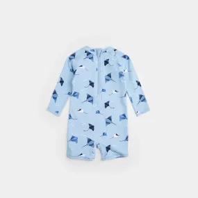 Petit Lem Stingray Print On Sky Blue Long-sleeve Swim Romper