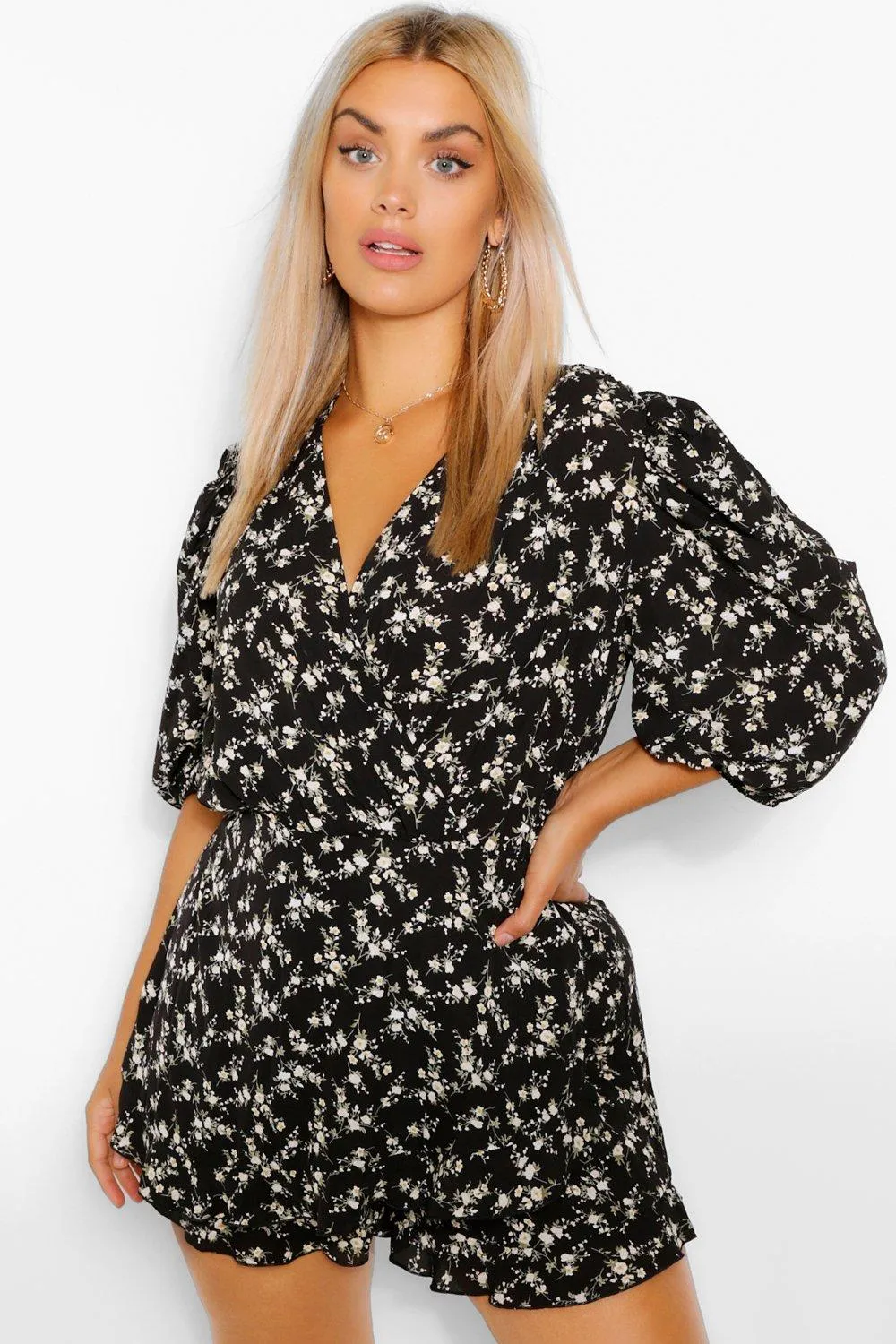 Plus Ditsy Floral Puff Sleeve Ruffle Romper