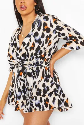 Plus Multi Leopard Satin Ruffle Tie Romper