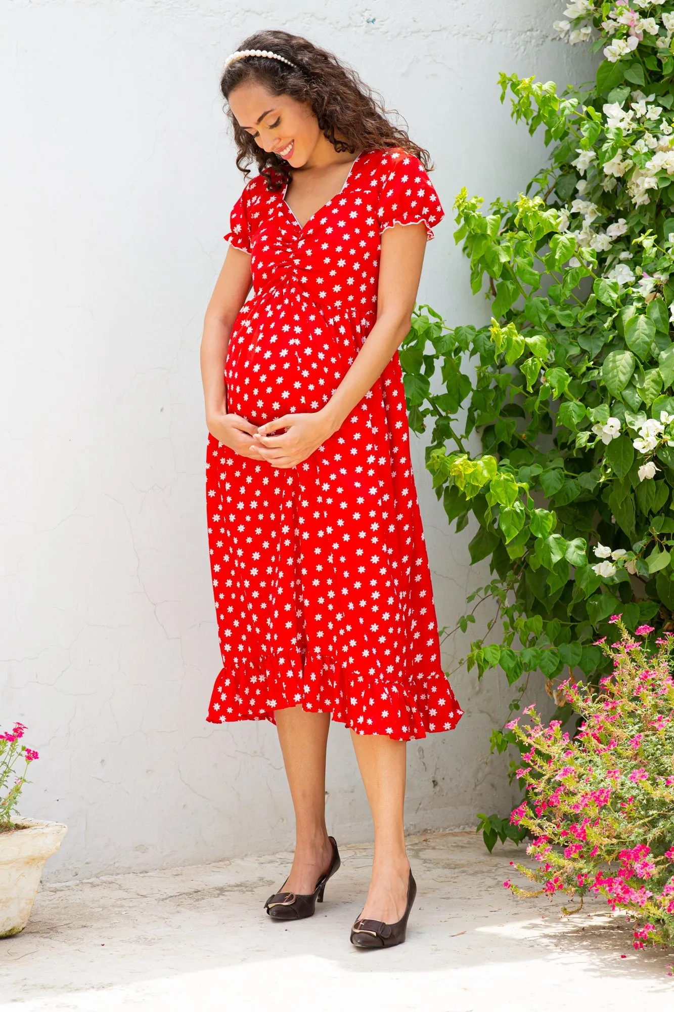 Pretty Crimson Sprinkle Maternity Dress