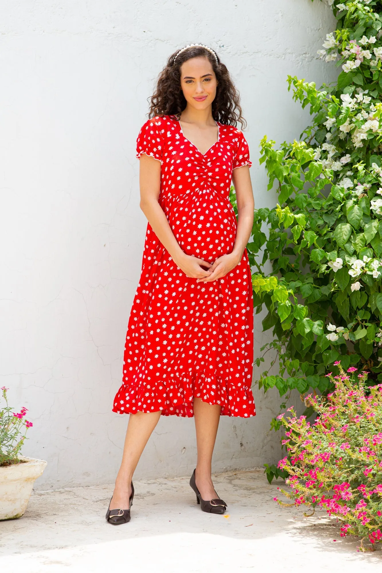 Pretty Crimson Sprinkle Maternity Dress