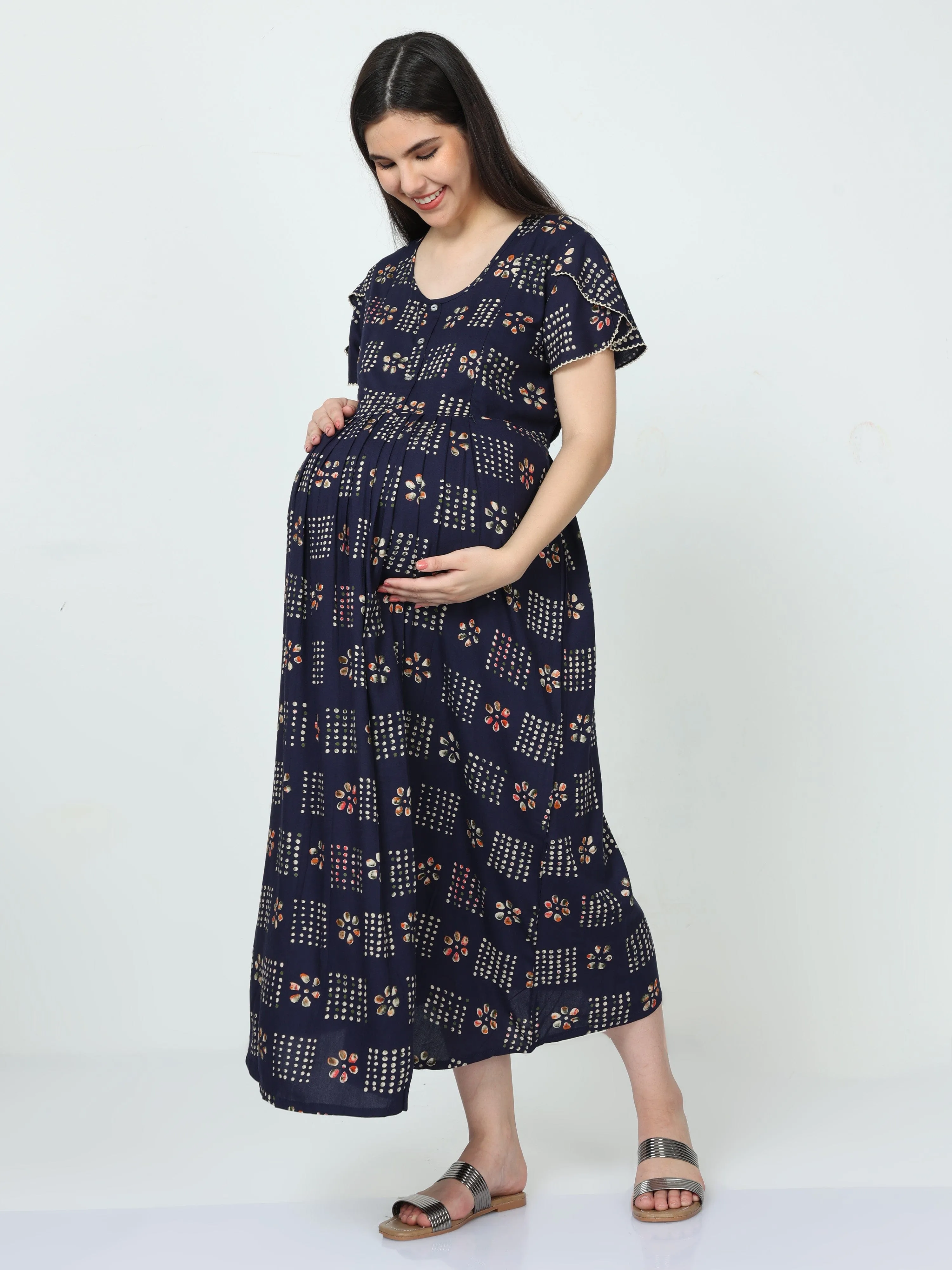 Rayon Maternity Feeding Dress Blue