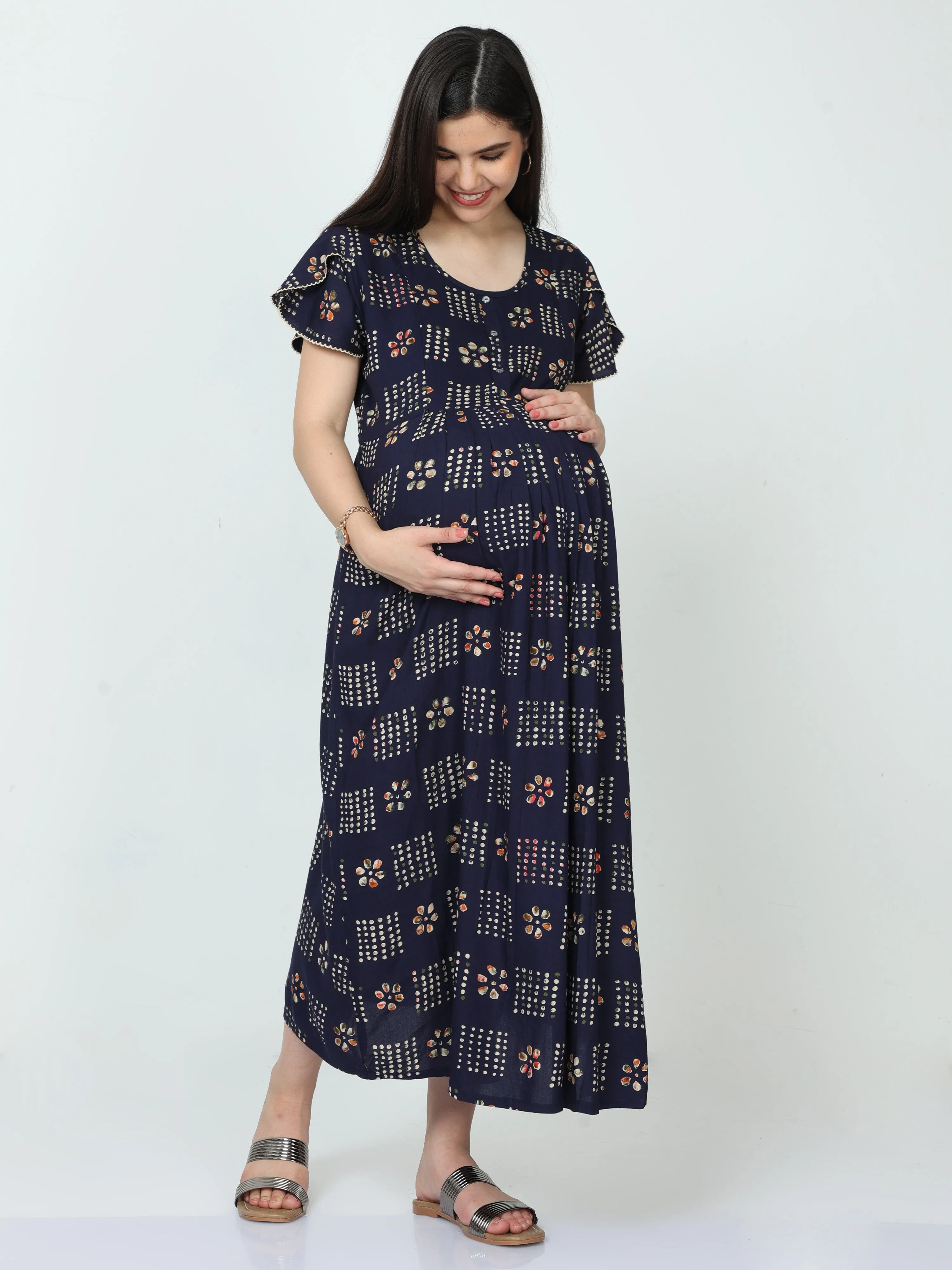 Rayon Maternity Feeding Dress Blue