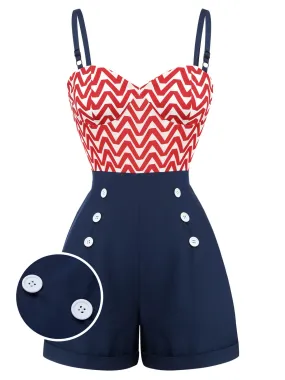 Red & Blue 1950s Chevron Stripe Strap Romper