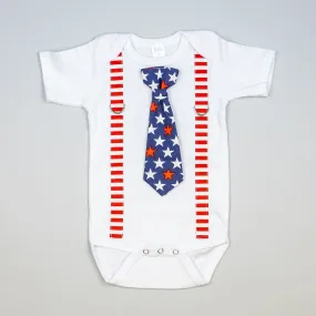 Red&White Stripe Suspenders + Patriotic Stars Necktie Bodysuit