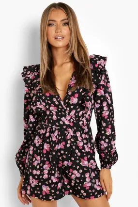 Ruffle Detail Baloon Sleeve Floral Romper