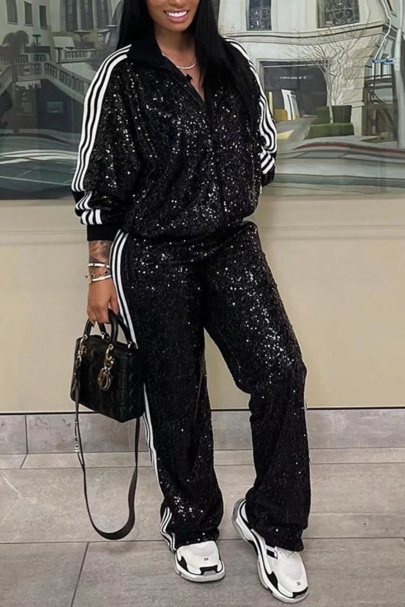 Sequin Striped Tracksuit Set