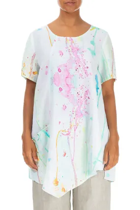 Short Sleeves Side Pocket Colour Splash Linen Tunic