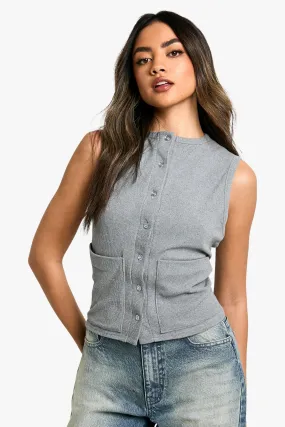 Soft Rib Button Through Pocket Detail Vest