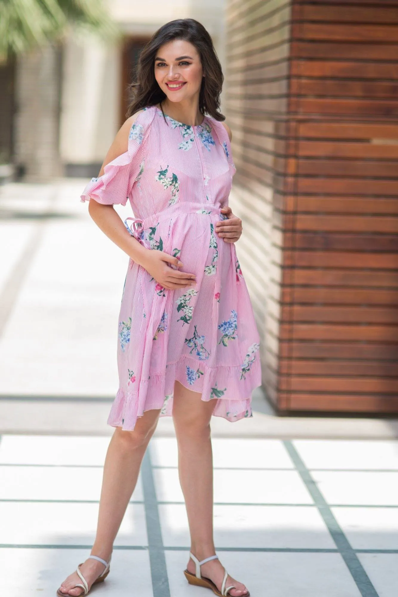 Striped Berry Frill Maternity & Nursing Dress