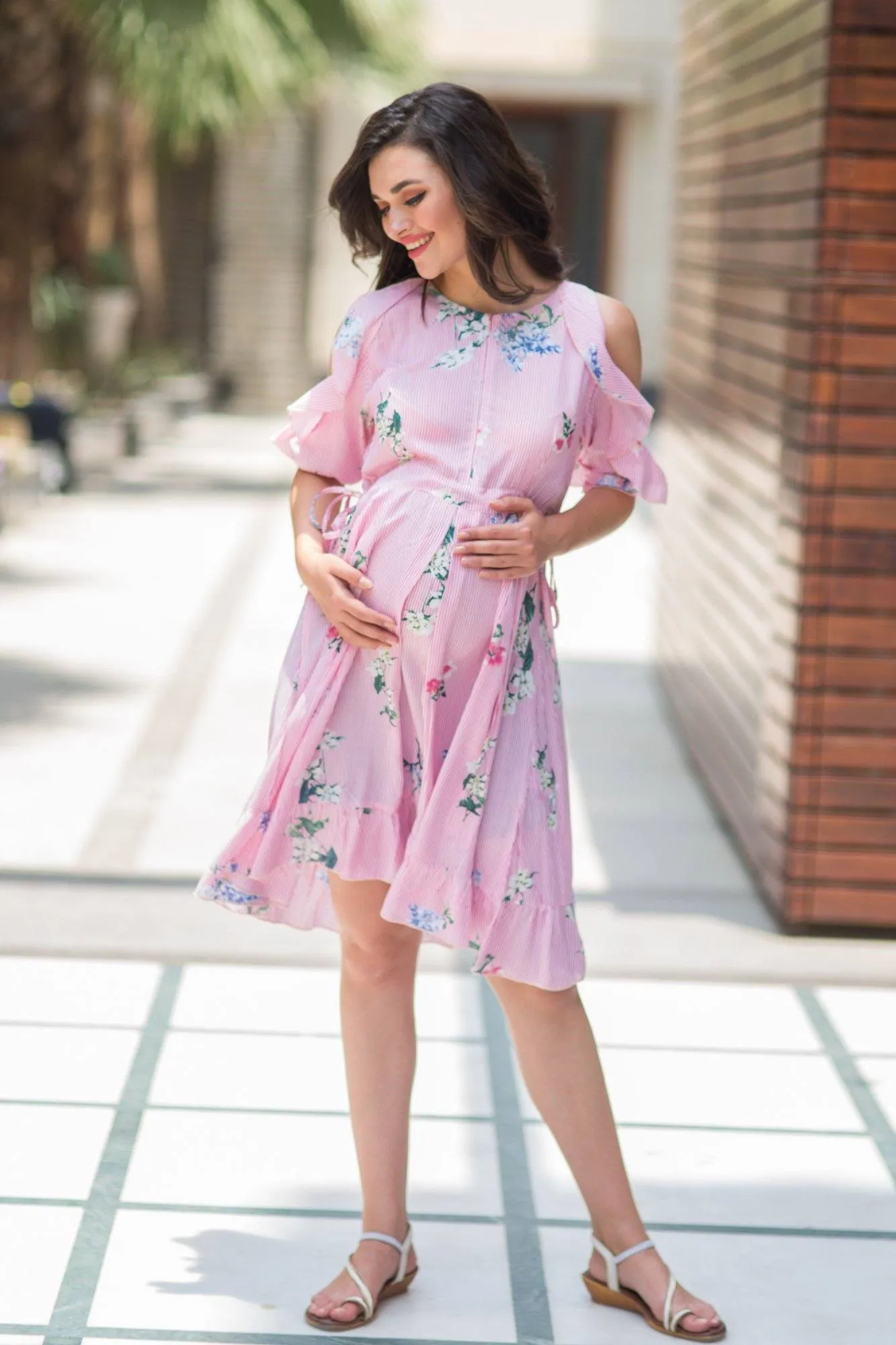 Striped Berry Frill Maternity & Nursing Dress