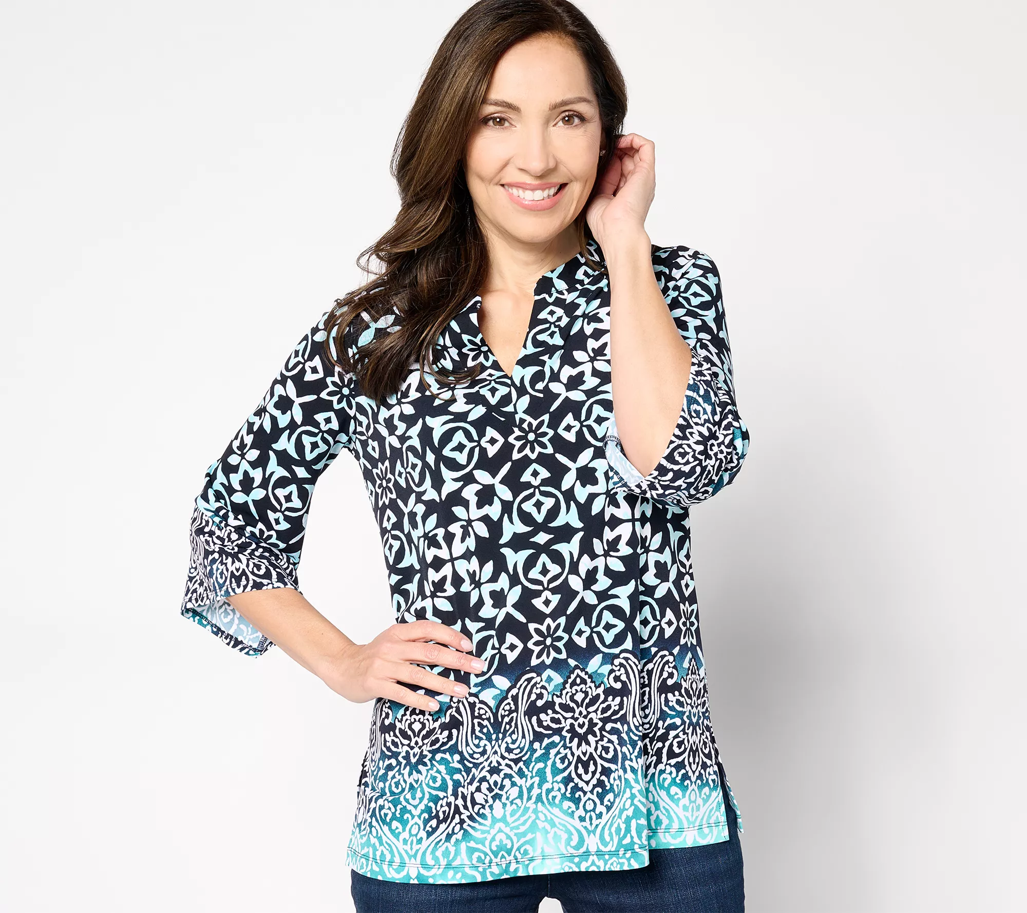 Susan Graver Petite Printed Liquid Knit Split-Neck Tunic