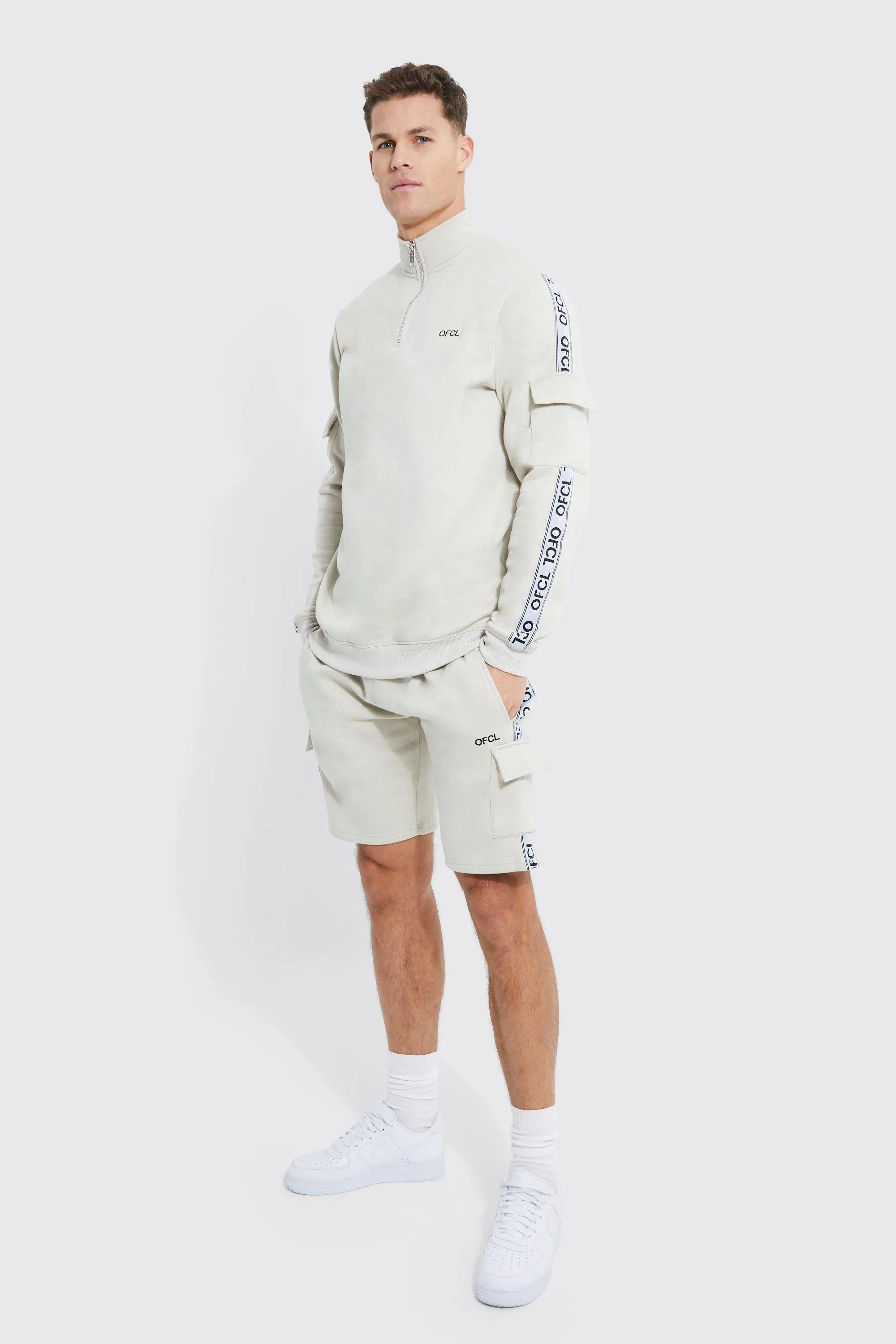 Tall Tape Funnel Neck Short Cargo Tracksuit | boohooMAN UK